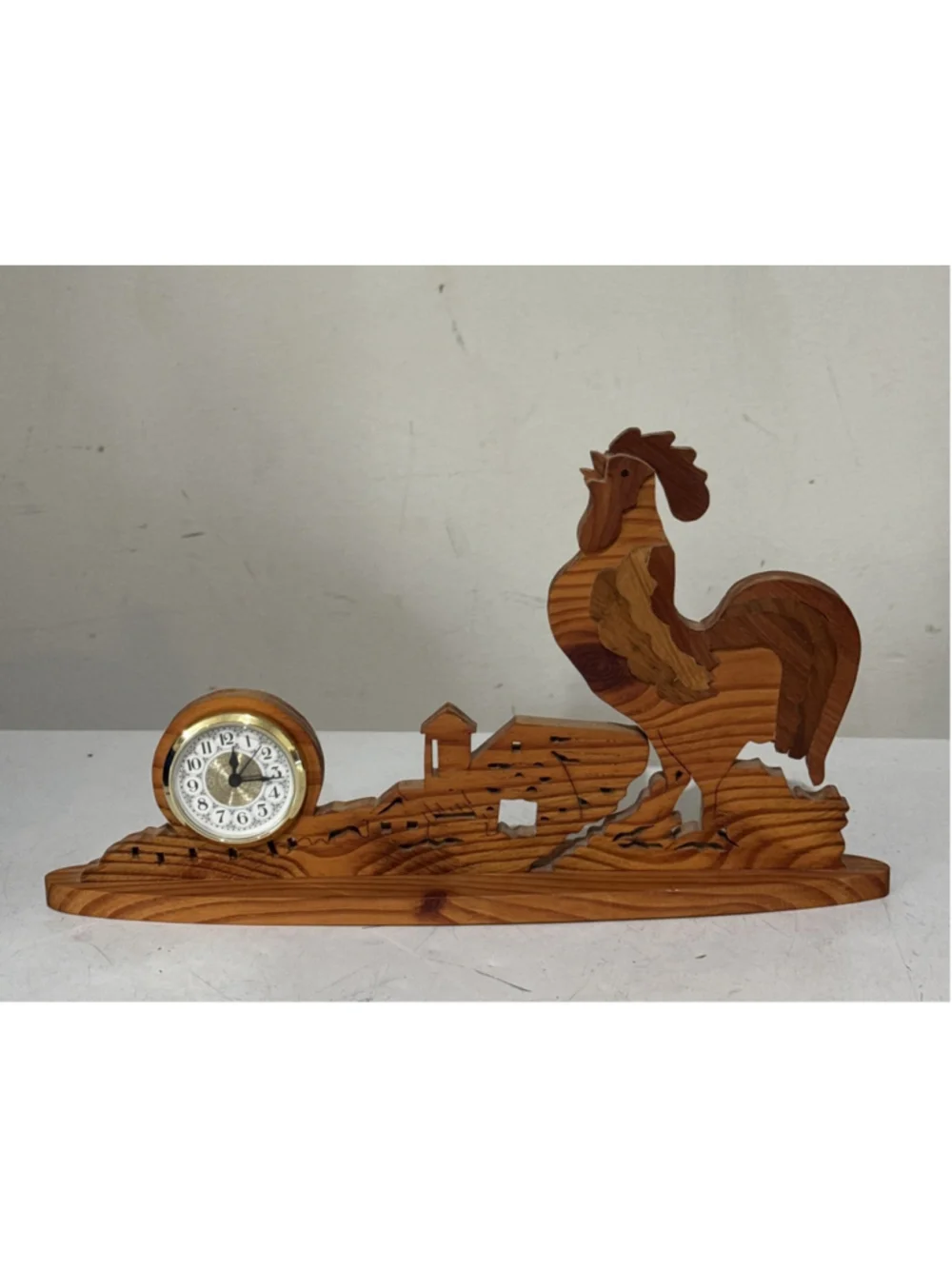 Vintage Lazer Carved Wooden Rooster Clock Intricate Design Handmade 14” Unique